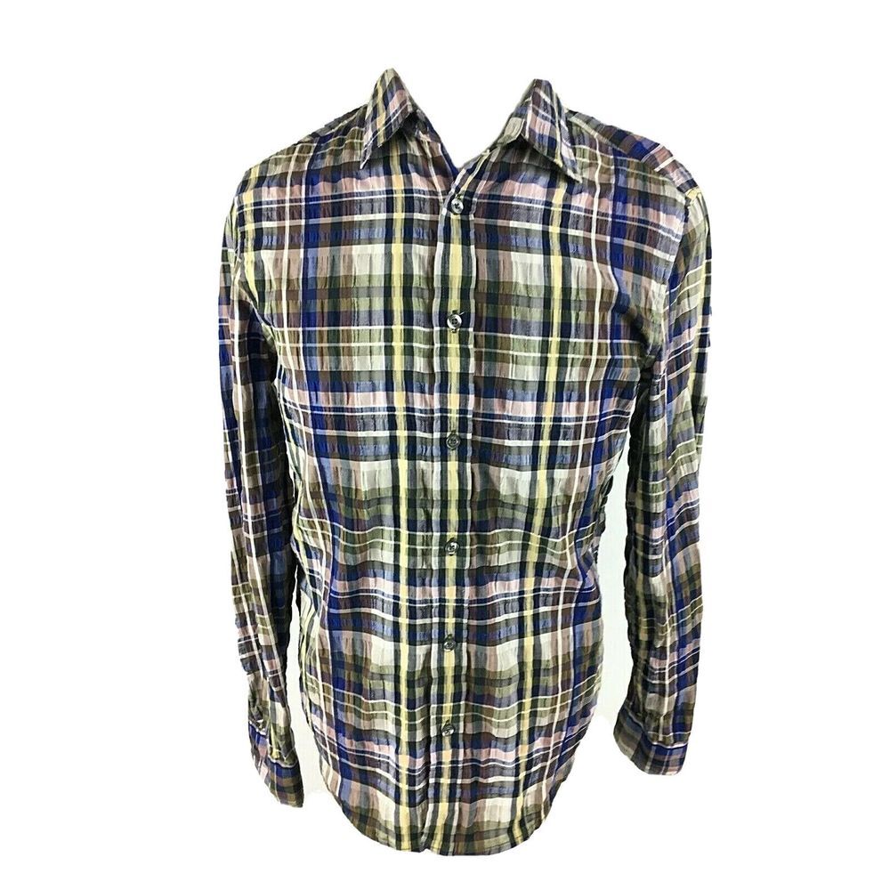 A/X Armani Exchange Mens Textured Tartan Madras Striped Shirt Small Long Sleeve